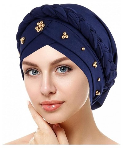 Pre-Tied Braid Hat for Women Faux Pearl Head Wraps for Cancer Patient African Beaded Turban Cap Navy $7.97 Skullies & Beanies