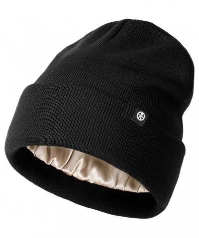 Beanie Hats for Women Men Satin Lined Beanies Soft Slouchy Caps Thermal Warm Hat Knitted Cuffed Skull Cap Black $9.33 Skullie...