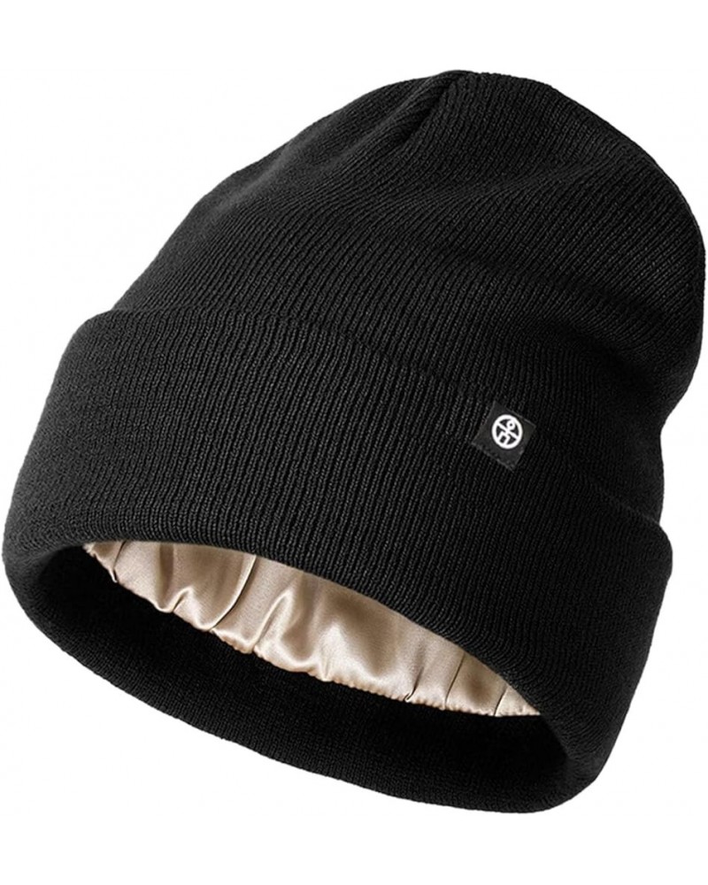 Beanie Hats for Women Men Satin Lined Beanies Soft Slouchy Caps Thermal Warm Hat Knitted Cuffed Skull Cap Black $9.33 Skullie...