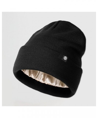 Beanie Hats for Women Men Satin Lined Beanies Soft Slouchy Caps Thermal Warm Hat Knitted Cuffed Skull Cap Black $9.33 Skullie...