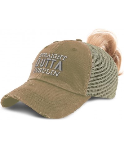 Womens Ponytail Cap Straight Outta Insulin Cotton Distressed Trucker Hats Khaki $14.83 Baseball Caps