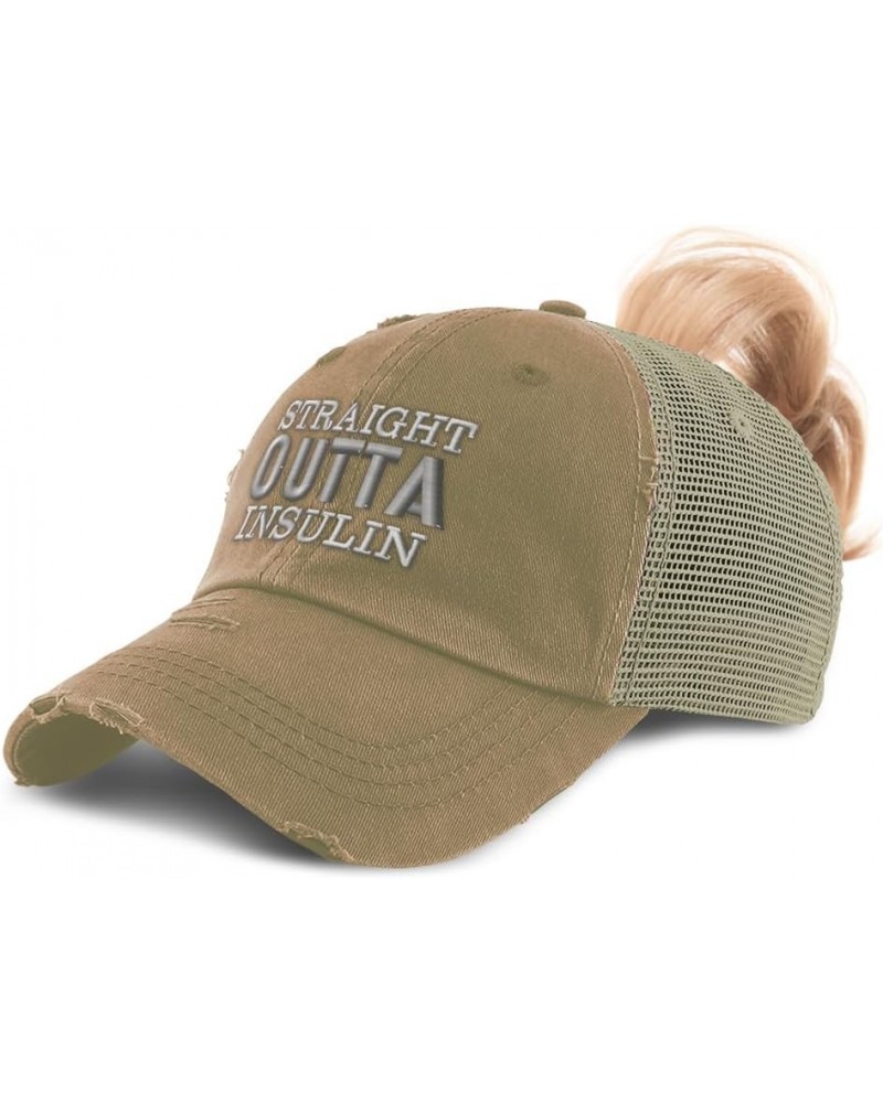 Womens Ponytail Cap Straight Outta Insulin Cotton Distressed Trucker Hats Khaki $14.83 Baseball Caps