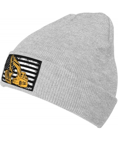 Excavator with American Flag Beanie Hat for Men Women Soft Cozy Skull Cap Winter Warm Knit Hats Gray $12.06 Skullies & Beanies