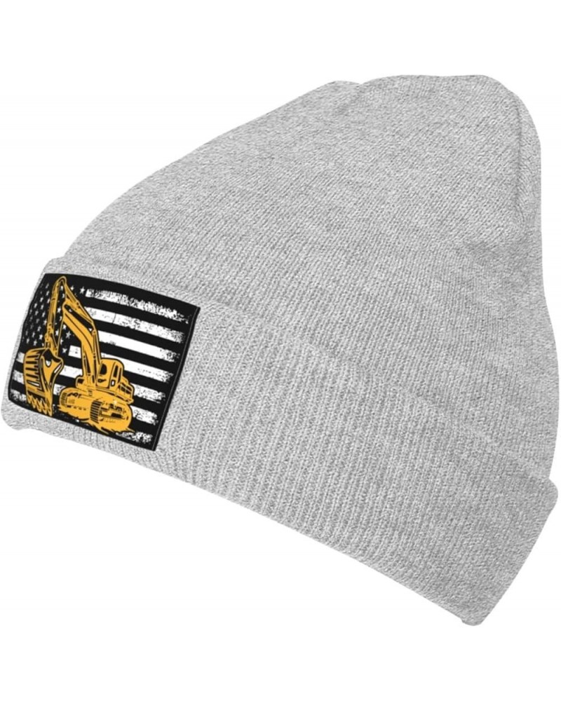 Excavator with American Flag Beanie Hat for Men Women Soft Cozy Skull Cap Winter Warm Knit Hats Gray $12.06 Skullies & Beanies