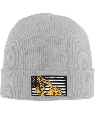 Excavator with American Flag Beanie Hat for Men Women Soft Cozy Skull Cap Winter Warm Knit Hats Gray $12.06 Skullies & Beanies