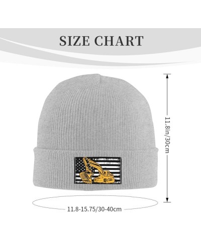 Excavator with American Flag Beanie Hat for Men Women Soft Cozy Skull Cap Winter Warm Knit Hats Gray $12.06 Skullies & Beanies