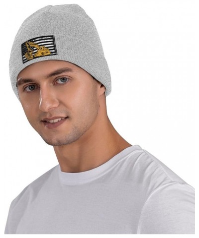 Excavator with American Flag Beanie Hat for Men Women Soft Cozy Skull Cap Winter Warm Knit Hats Gray $12.06 Skullies & Beanies