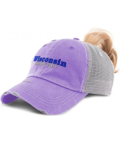 Womens Ponytail Cap Wisconsin Badger State Style B Cotton Distressed Trucker Hats Lavender $14.55 Baseball Caps