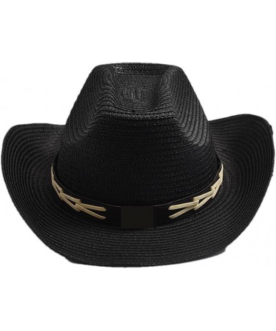 Classical Straw Cowboy Hats for Men Wide Brim Retro Jazz Hat Curling Brim Beach Sun Hats Black $17.62 Cowboy Hats