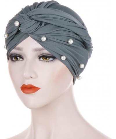 Women Pearl African Hat Muslim Cancer Chemo Turban Hat Tied Knot Solid Color Headwraps Cap (Yellow, One Size) Grey One Size $...