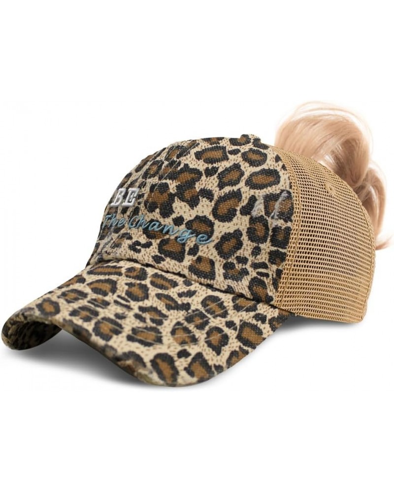 Womens Ponytail Cap Be The Change Style B Cotton Distressed Trucker Hats Leopard $16.73 Baseball Caps