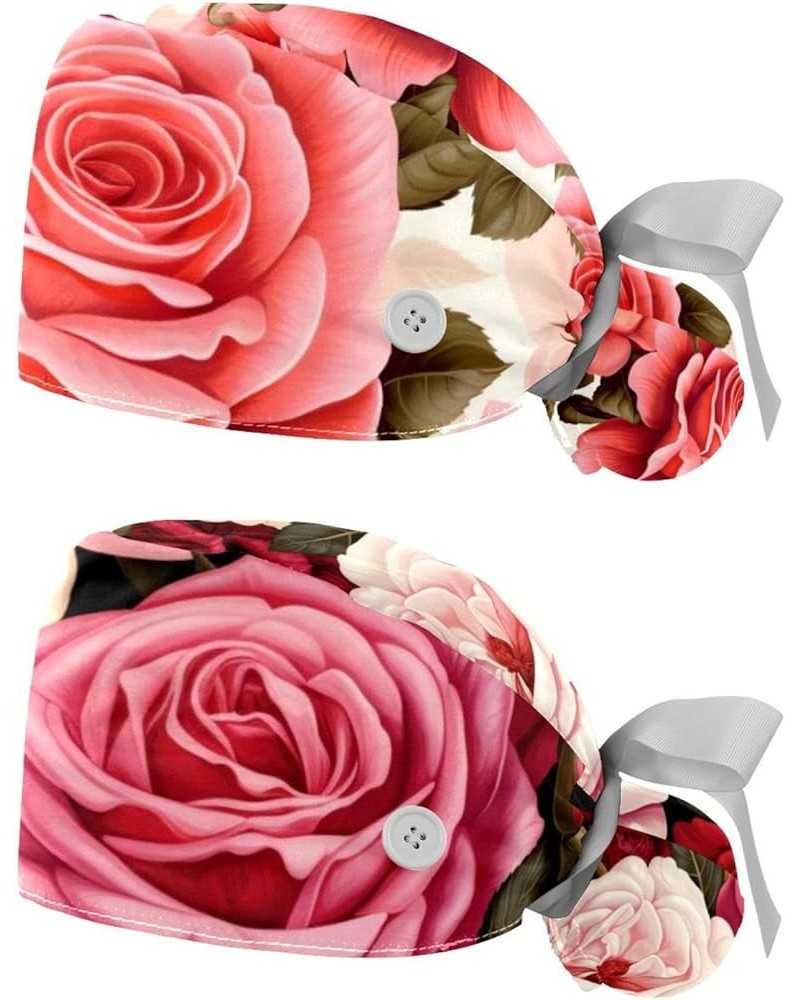 2 Pcs Scrub Caps Women Nursing Hats with Buttons Bouffant Nurse Ponytail Holder Rose Flower Color 1 $11.87 Skullies & Beanies