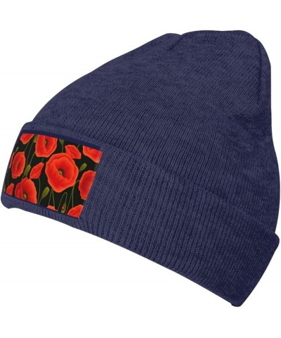 Poppy Flowers Print Knitted Hat Adult Beanie Hat,Elastic Brimless Cap, Doudou Hat Christmas,Birthdays Navy Blue $9.18 Skullie...