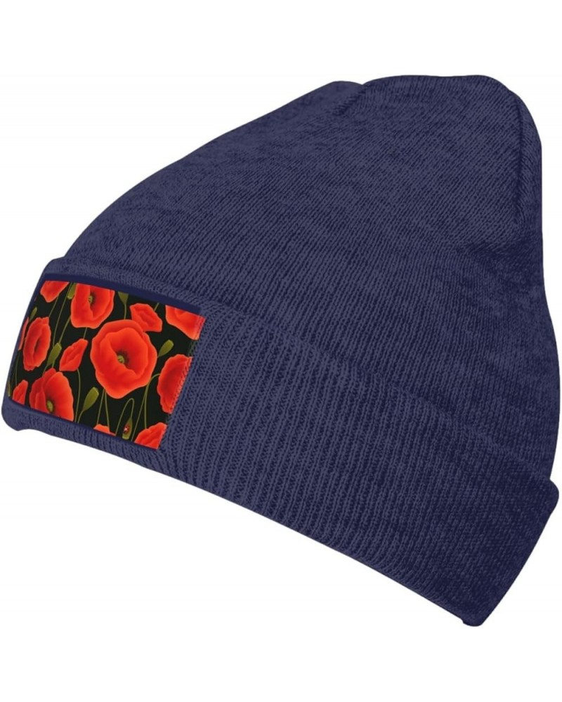 Poppy Flowers Print Knitted Hat Adult Beanie Hat,Elastic Brimless Cap, Doudou Hat Christmas,Birthdays Navy Blue $9.18 Skullie...