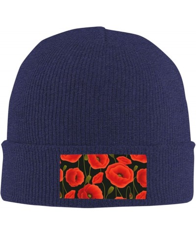 Poppy Flowers Print Knitted Hat Adult Beanie Hat,Elastic Brimless Cap, Doudou Hat Christmas,Birthdays Navy Blue $9.18 Skullie...