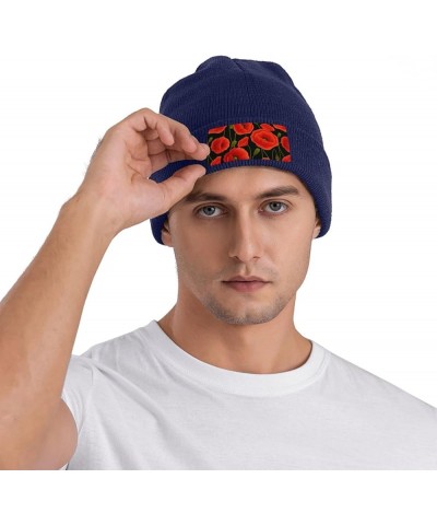 Poppy Flowers Print Knitted Hat Adult Beanie Hat,Elastic Brimless Cap, Doudou Hat Christmas,Birthdays Navy Blue $9.18 Skullie...