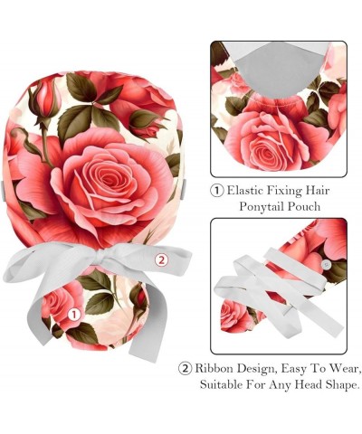 2 Pcs Scrub Caps Women Nursing Hats with Buttons Bouffant Nurse Ponytail Holder Rose Flower Color 1 $11.87 Skullies & Beanies