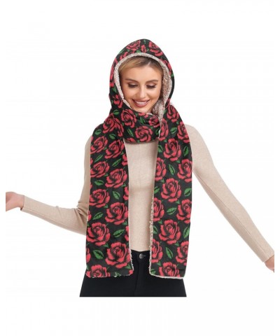 Women Red Rose Winter 3 in 1 Scarf Warm Hooded Hat Pullover Mitten Combo Weather Neck Warmer $12.40 Scarves