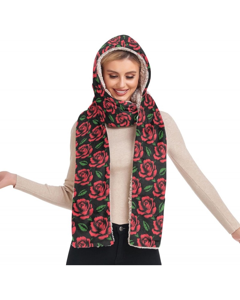 Women Red Rose Winter 3 in 1 Scarf Warm Hooded Hat Pullover Mitten Combo Weather Neck Warmer $12.40 Scarves