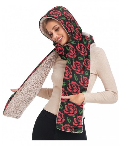 Women Red Rose Winter 3 in 1 Scarf Warm Hooded Hat Pullover Mitten Combo Weather Neck Warmer $12.40 Scarves