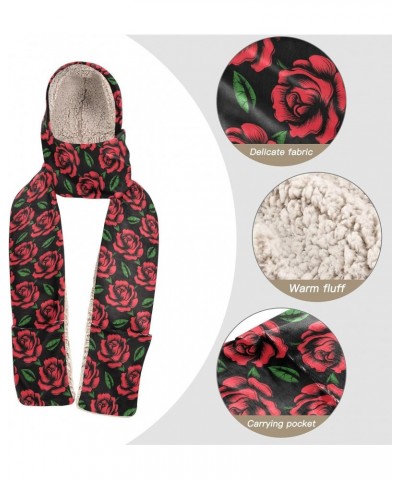 Women Red Rose Winter 3 in 1 Scarf Warm Hooded Hat Pullover Mitten Combo Weather Neck Warmer $12.40 Scarves