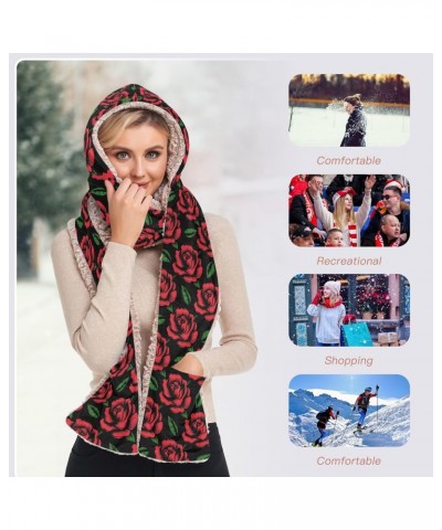 Women Red Rose Winter 3 in 1 Scarf Warm Hooded Hat Pullover Mitten Combo Weather Neck Warmer $12.40 Scarves