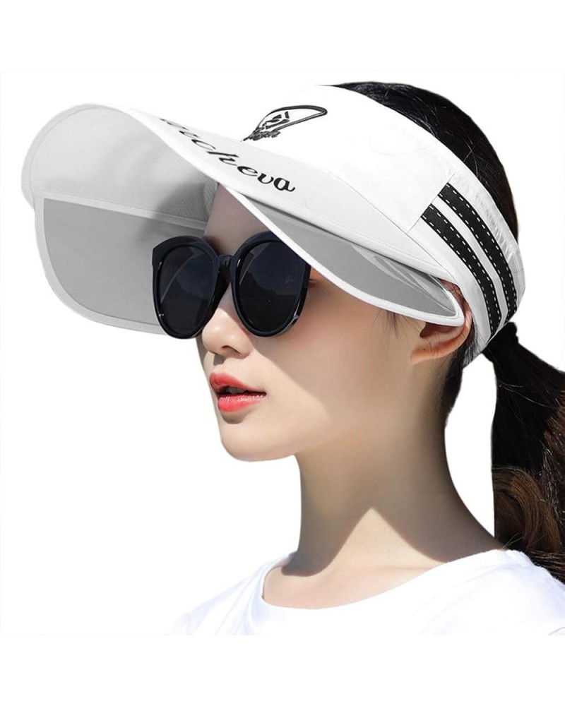 Women Summer Sun Visor Hat UV Protection Wide Brim Sun Hat with Retractable Visor Beach Cap Empty Top Hat White $10.79 Visors