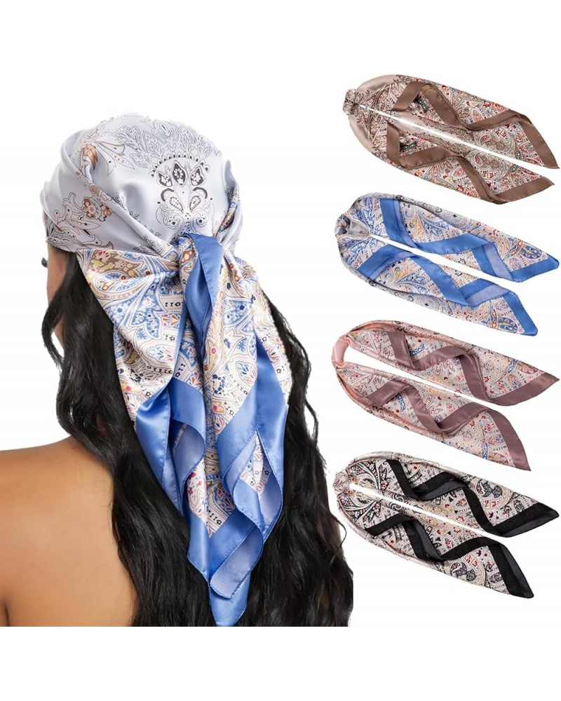 4PCS Head Scarf for Women 35" Head Scarves Silk Like Satin Neck Scarfs Square Bandana Hair Wraps Scarf for Sleeping Blue, Bla...