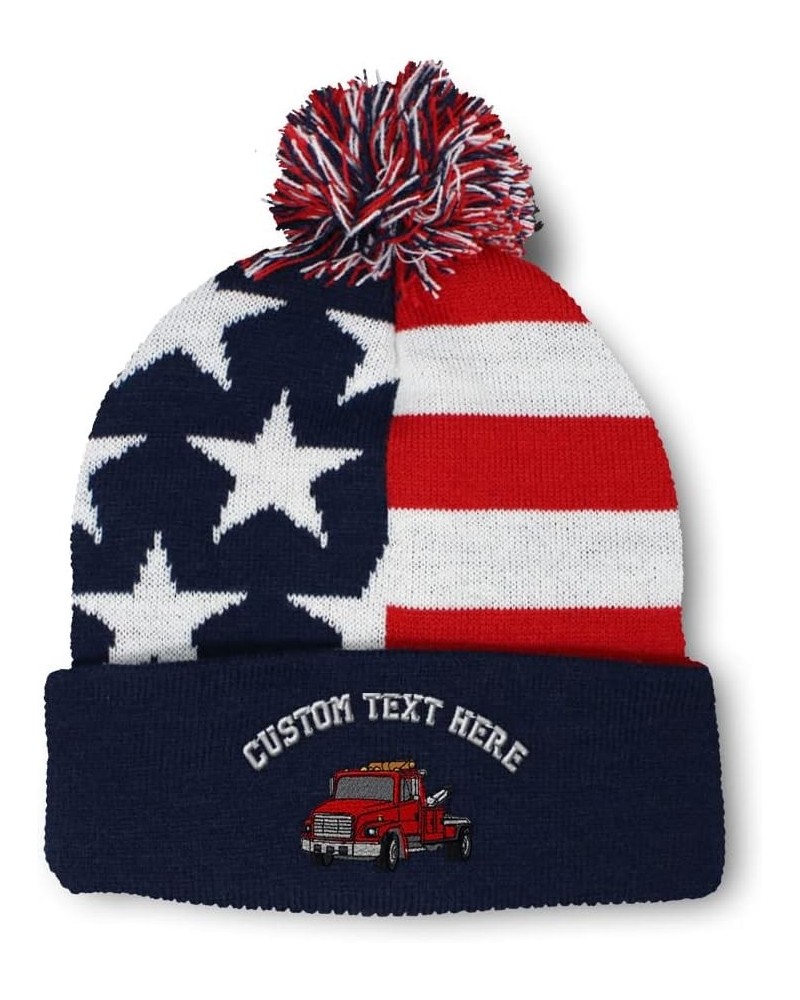 Custom Pom Pom Beanies for Women Snub Nose Tow Truck Embroidery Skull Cap Trucks Winter Hats for Men 1 Size American Flag Per...