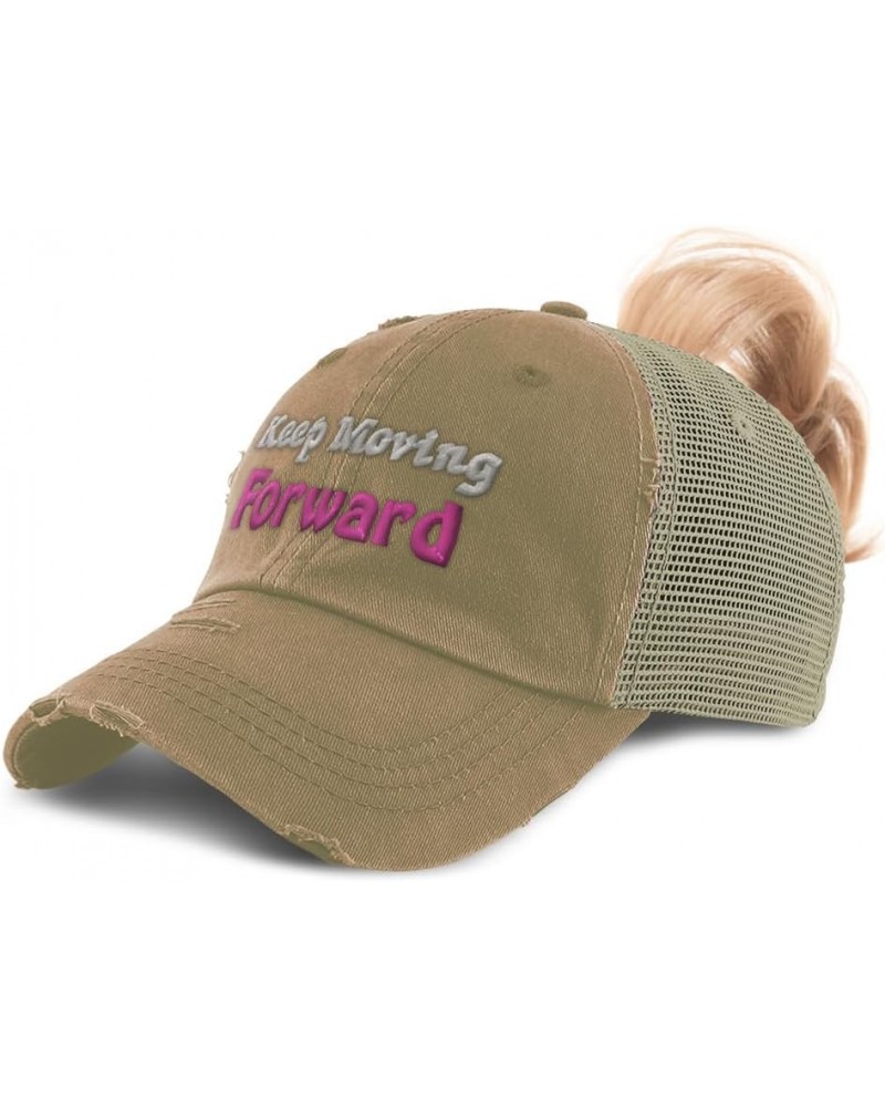 Womens Ponytail Cap Keep Moving Forward Cotton Distressed Trucker Hats Khaki $12.90 Baseball Caps