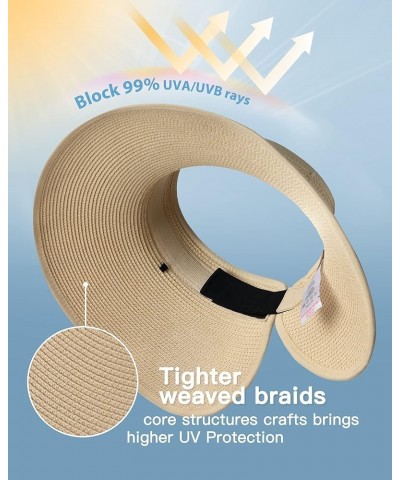 Sun Visor Hats for Women Wide Brim Straw Roll-Up Ponytail Summer Beach Hat UV UPF Packable Foldable Travel Beige $13.63 Sun Hats