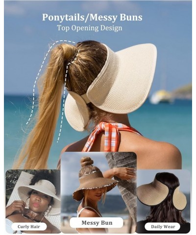 Sun Visor Hats for Women Wide Brim Straw Roll-Up Ponytail Summer Beach Hat UV UPF Packable Foldable Travel Beige $13.63 Sun Hats