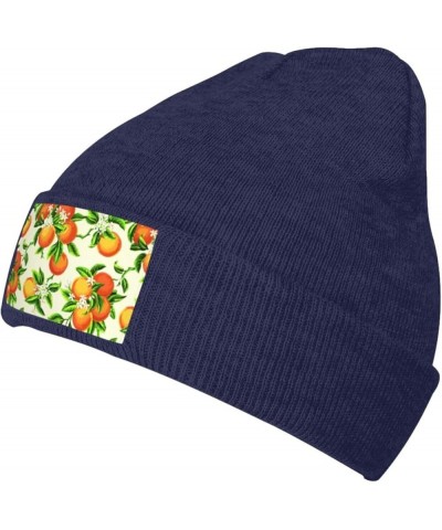 Yellow Blossom and Orange Fruits Print Beanie Hats for Women Men Warm Knit Hat Winter Knitted Beanie Stretch Fashion Cap Navy...