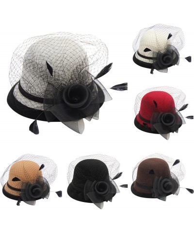 Women 1920s Wool Vintage Cloche Knitted Bucket Winter Hat with Bow Knot and Flower Dress Winter Hats Grey $9.26 Rain Hats