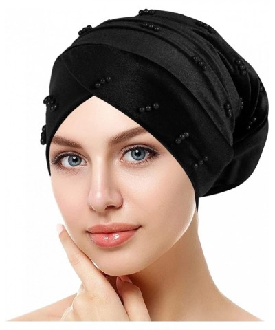 Fit Hat Women Elastic Solid Color Comfortable Flat Hat Pearl Cap Nail Bead Pile Cap Char Hat Muslim Hat - Black $6.21 Skullie...