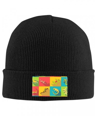 Beanie Hat for Women Men Different Lizard Icons Set Stretch Winter Warm Knit Hat Cap Black $10.40 Skullies & Beanies