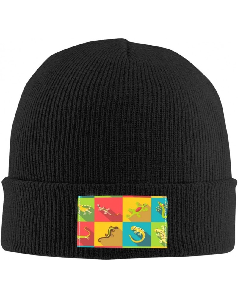 Beanie Hat for Women Men Different Lizard Icons Set Stretch Winter Warm Knit Hat Cap Black $10.40 Skullies & Beanies