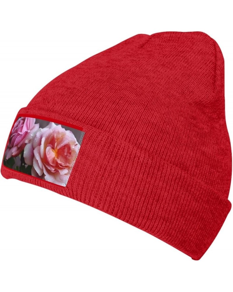 Knitted Hat Pretty Roses Print Beanie for Women Soft Warm Beanie Cap Casual Knit Hat Men Winter Beanies Red $11.03 Skullies &...