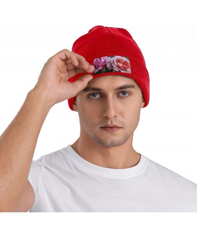 Knitted Hat Pretty Roses Print Beanie for Women Soft Warm Beanie Cap Casual Knit Hat Men Winter Beanies Red $11.03 Skullies &...