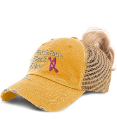 Womens Ponytail Cap Kayak Hair Don't Care Cotton Distressed Trucker Hats Mustard $17.66 Baseball Caps