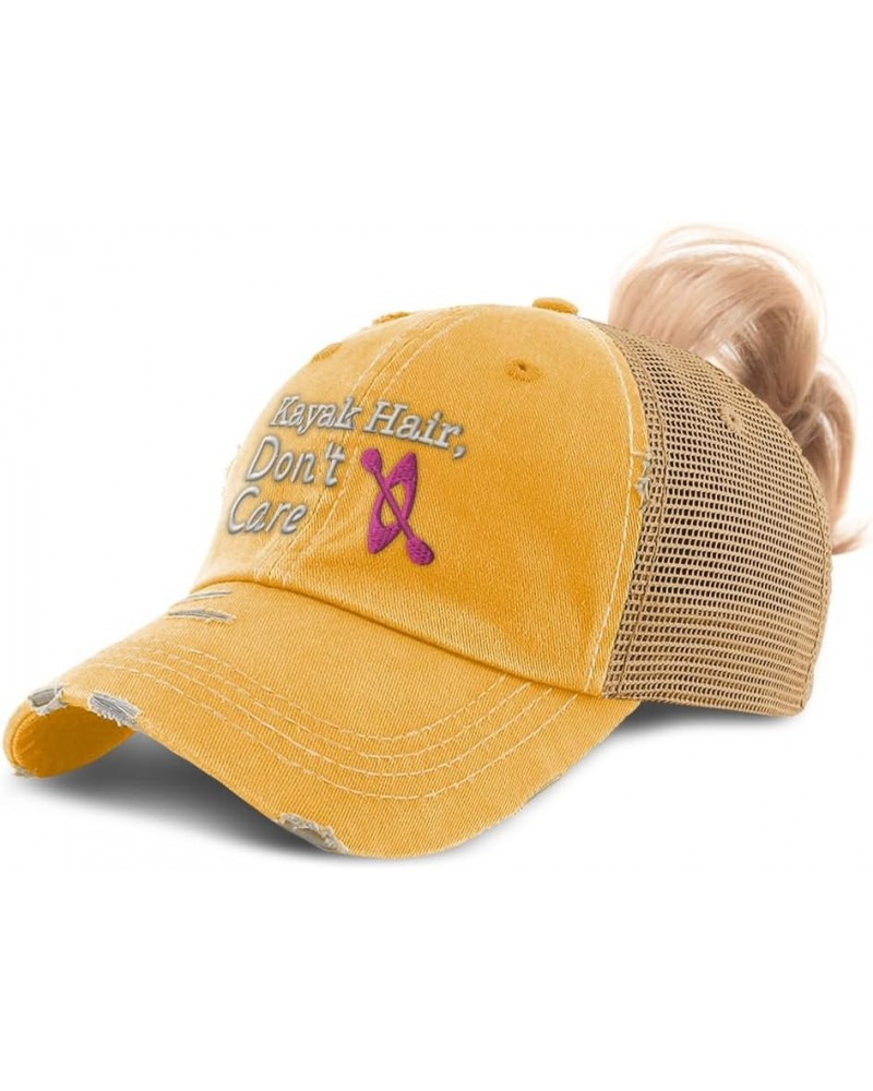 Womens Ponytail Cap Kayak Hair Don't Care Cotton Distressed Trucker Hats Mustard $17.66 Baseball Caps