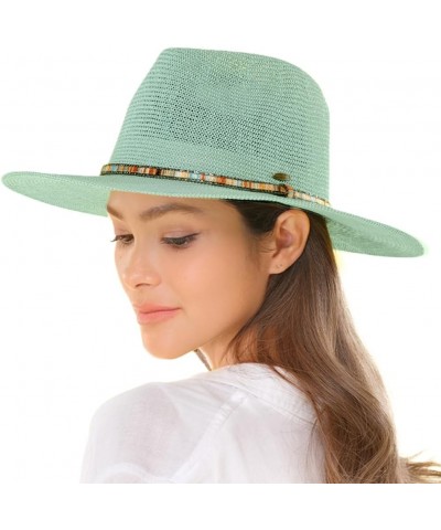 Panama Hat with Multi Thread and Rhinestone Trim Band - for Women Mint 60% Paper, 40% Polyester $15.54 Sun Hats