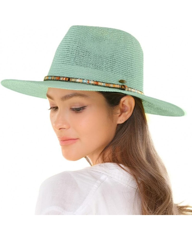 Panama Hat with Multi Thread and Rhinestone Trim Band - for Women Mint 60% Paper, 40% Polyester $15.54 Sun Hats