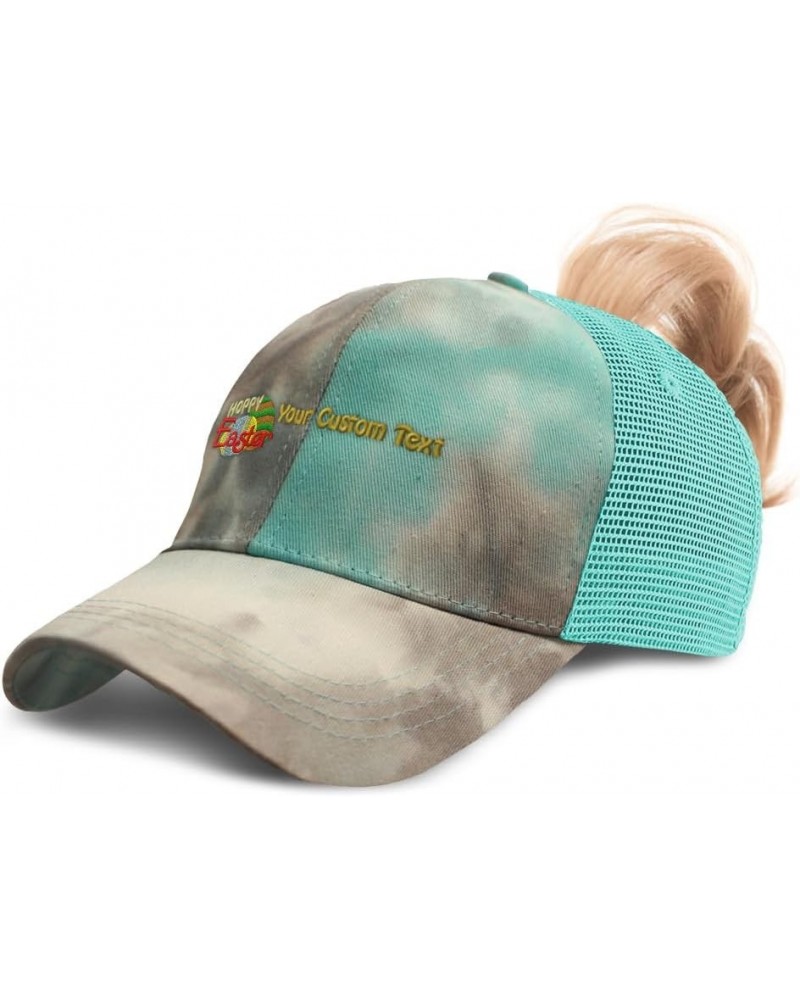 Custom Womens Ponytail Cap Hoppy Easter Embroidery Easter Cotton Distressed Trucker Hats Tie Dye Aqua $15.84 Baseball Caps