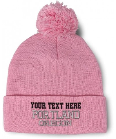 Custom Pom Pom Beanies for Women Oregon Portland United States Embroidery Skull Cap Acrylic 1 Size Soft Pink Personalized Tex...