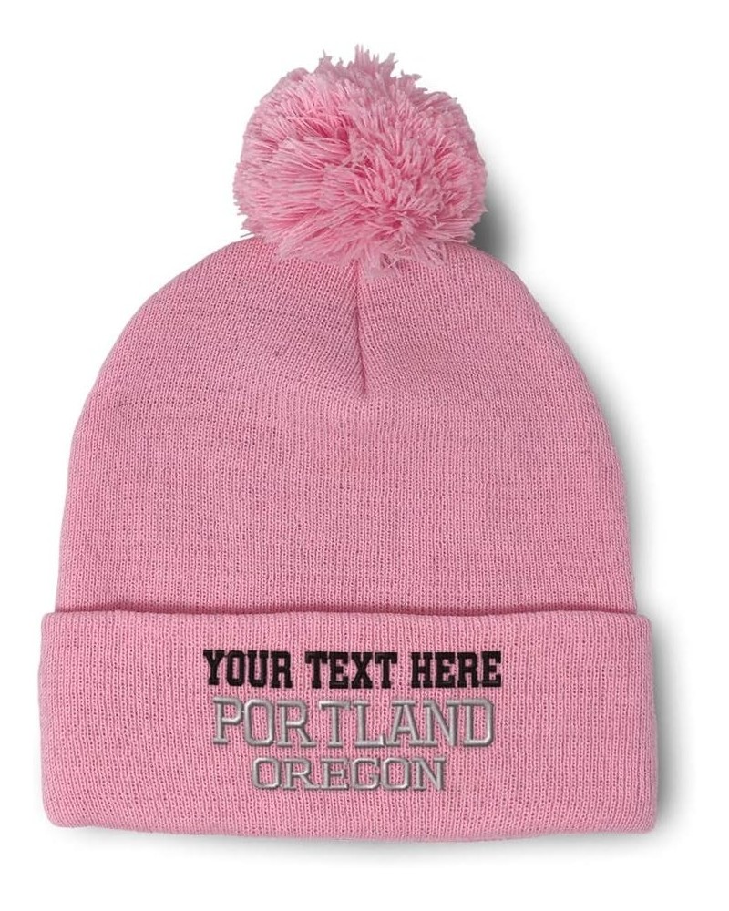 Custom Pom Pom Beanies for Women Oregon Portland United States Embroidery Skull Cap Acrylic 1 Size Soft Pink Personalized Tex...