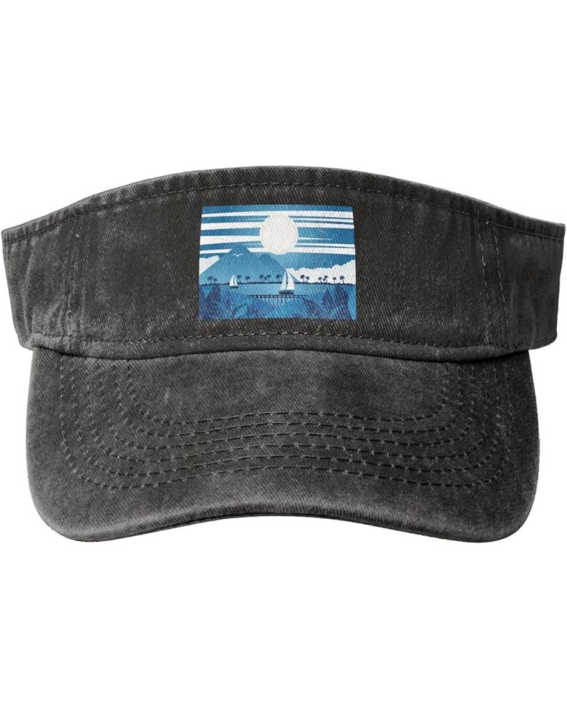 Sailboat Landscape in Full Moon Sun Visor Hats for Women Men Sun Hat Cotton Golf Hat Vintage Baseball Cap Black $10.59 Sun Hats