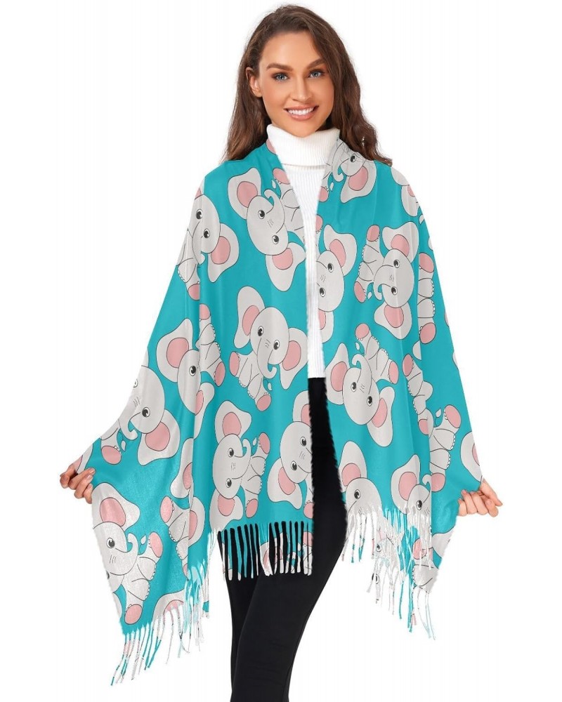 Cute Elephant Teal Scarfs for Women Warm Large Soft Pashmina Shawl Wrap Scarves Cartoon Fashion Long Scarf with Tassels Cashm...