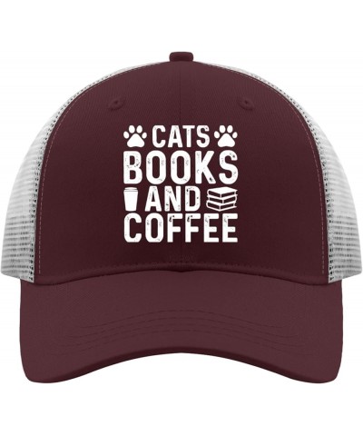 Trucker Hat Men Fitted Trucker Hats for Men Baseball Cap Cats Books and Coffee Quick Dry Sport Caps Chestnut Red $13.58 Baseb...