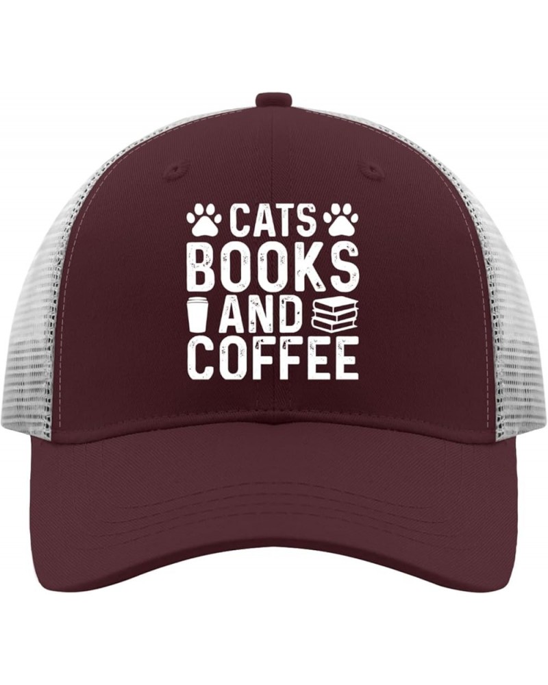 Trucker Hat Men Fitted Trucker Hats for Men Baseball Cap Cats Books and Coffee Quick Dry Sport Caps Chestnut Red $13.58 Baseb...